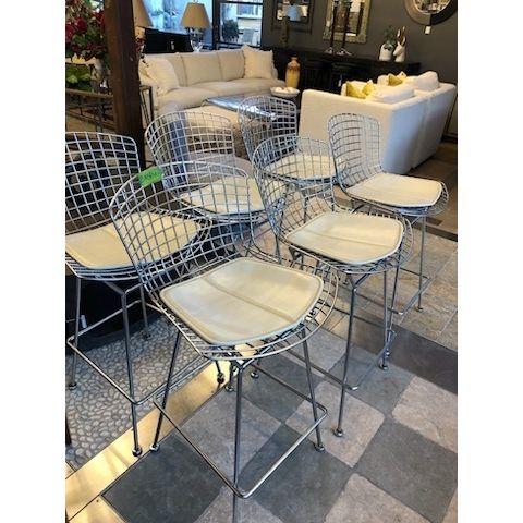 PAIR of Chrome Bertoia Counter Stools w/ Beige Leather Cushions by Knoll - AS IS