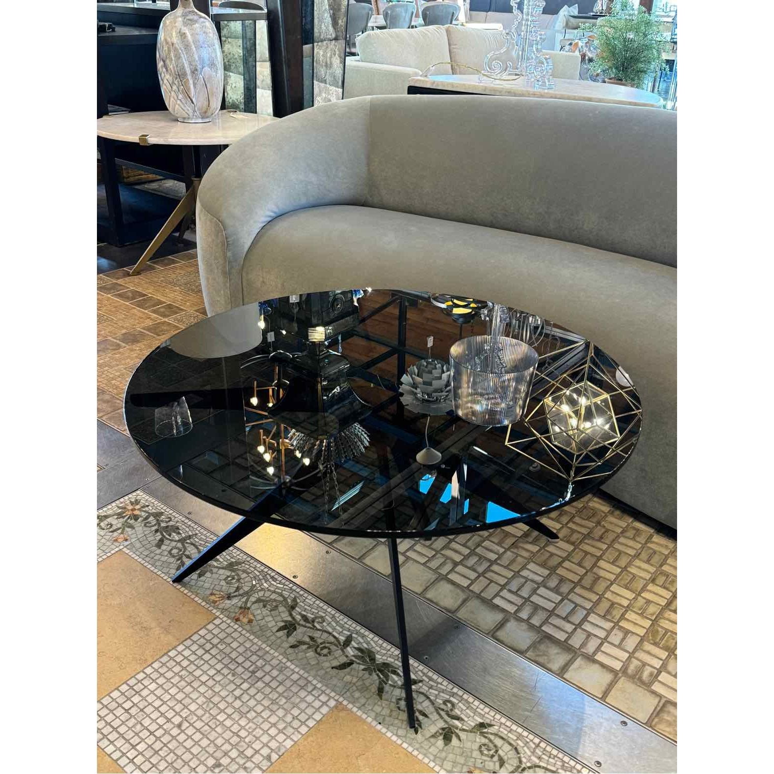 Dean Smoked Glass Top Coffee Table w/ Black Metal Base w/ Brass Detail