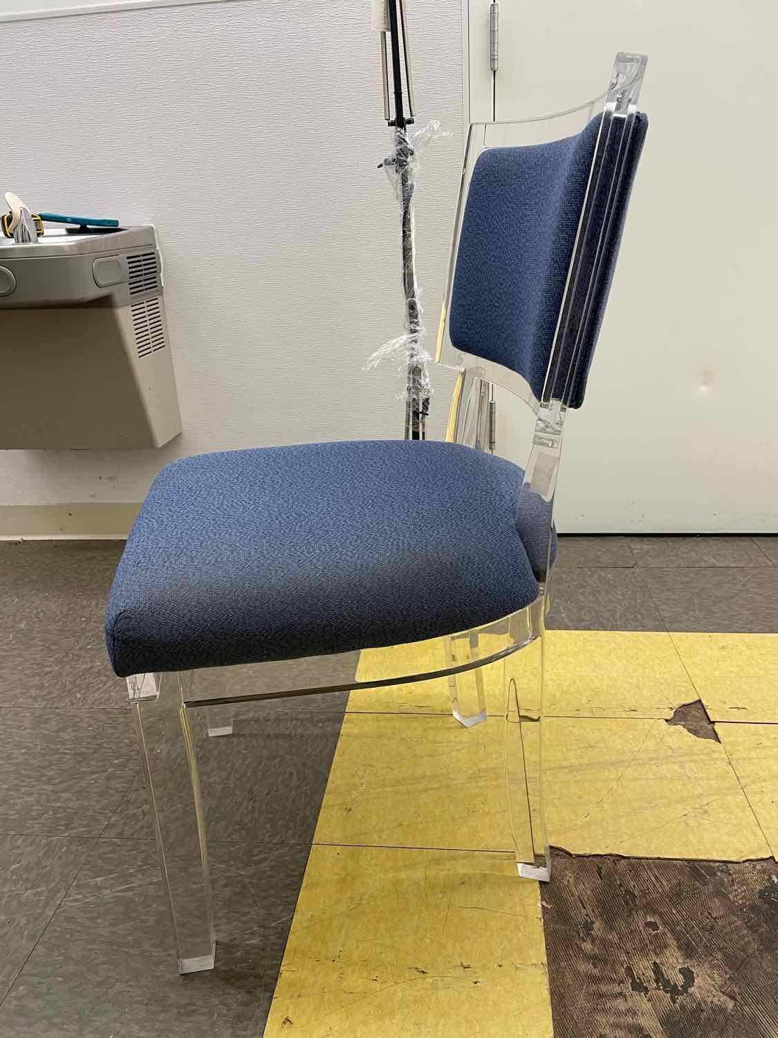 Blue Upholstered Side Chair on Lucite Base (AS IS)
