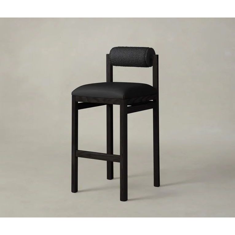 Charcoal Oak Bar Stool in Ink Black Pebbled Leather & Storm Italian Boucle