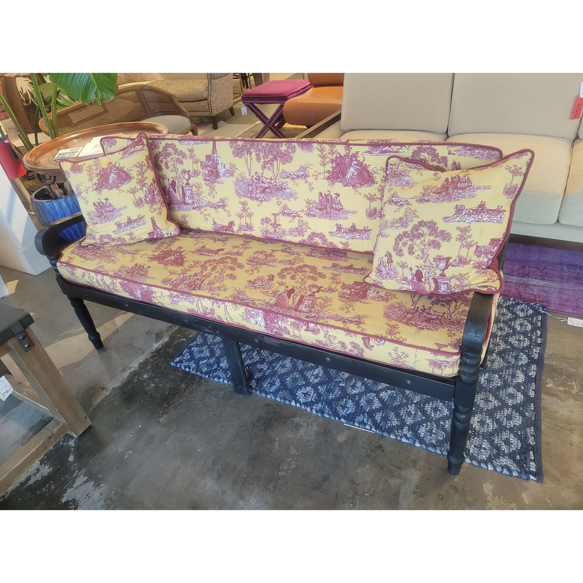 Black Wood Garden Style Bench w/ Toile Cushions & Pillows