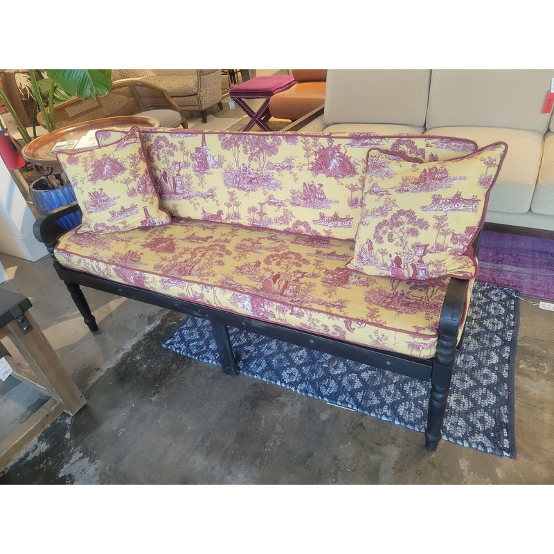 Black Wood Garden Style Bench w/ Toile Cushions & Pillows