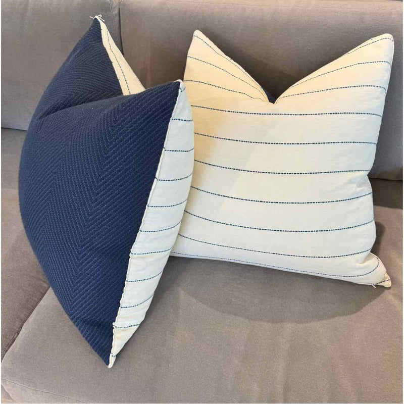 Pair of Custom Linen Pillows with/ Blue Stripe and Navy Blue Backing with Down I