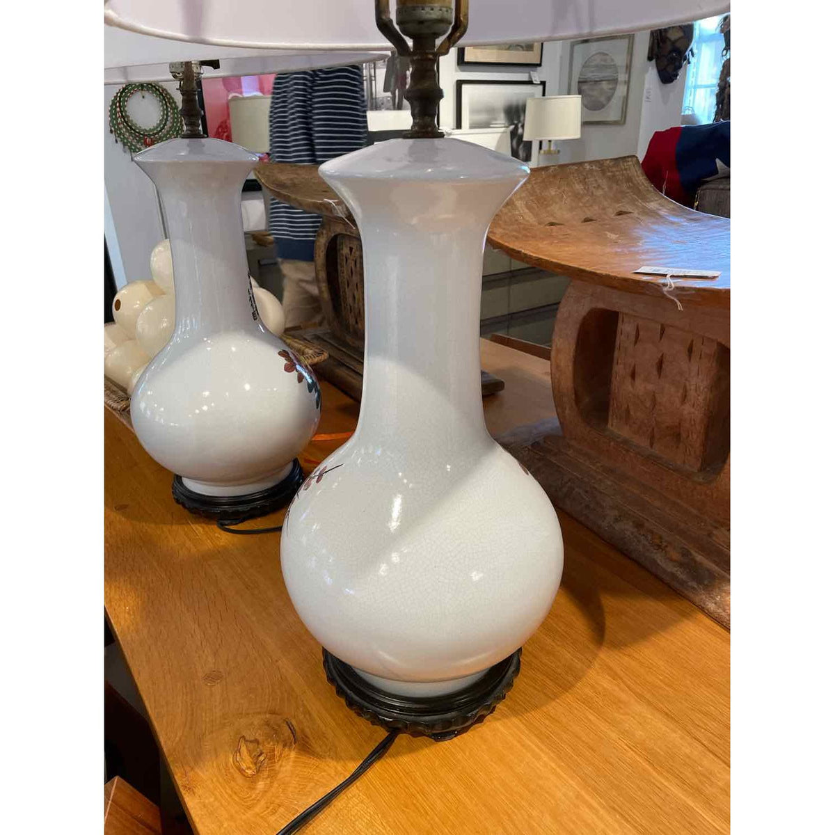 PAIR of Vintage Chinese Bird & Floral Painted Table Lamps w/ Linen Shades