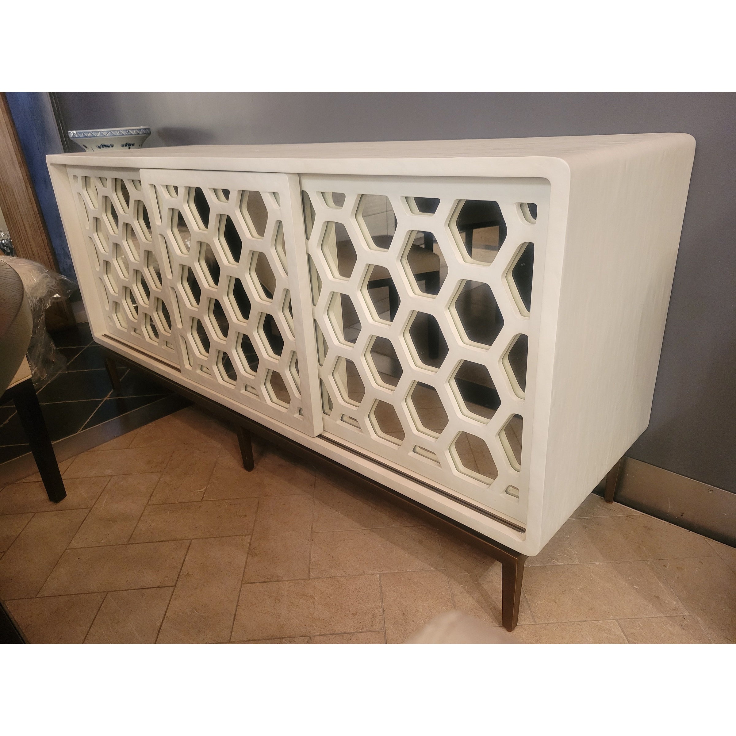 'Wilhelm' White Gesso Sliding Door Credenza w/ Mirror Glass by Mr. Brown