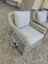 PAIR of Gray Wicker Arbor Lounge Chairs w/ Striped Cushions by Janus et Cie