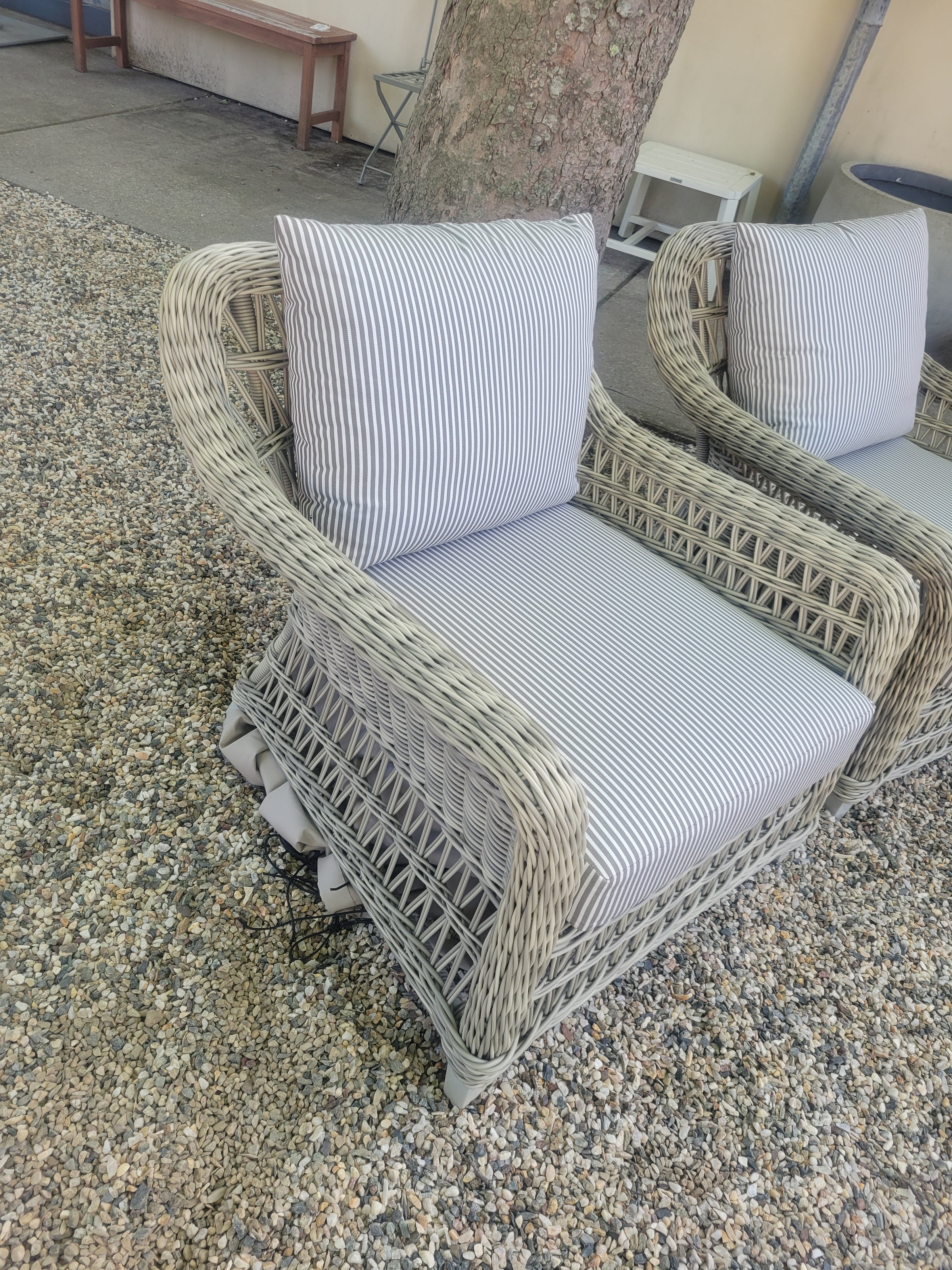PAIR of Gray Wicker Arbor Lounge Chairs w/ Striped Cushions by Janus et Cie