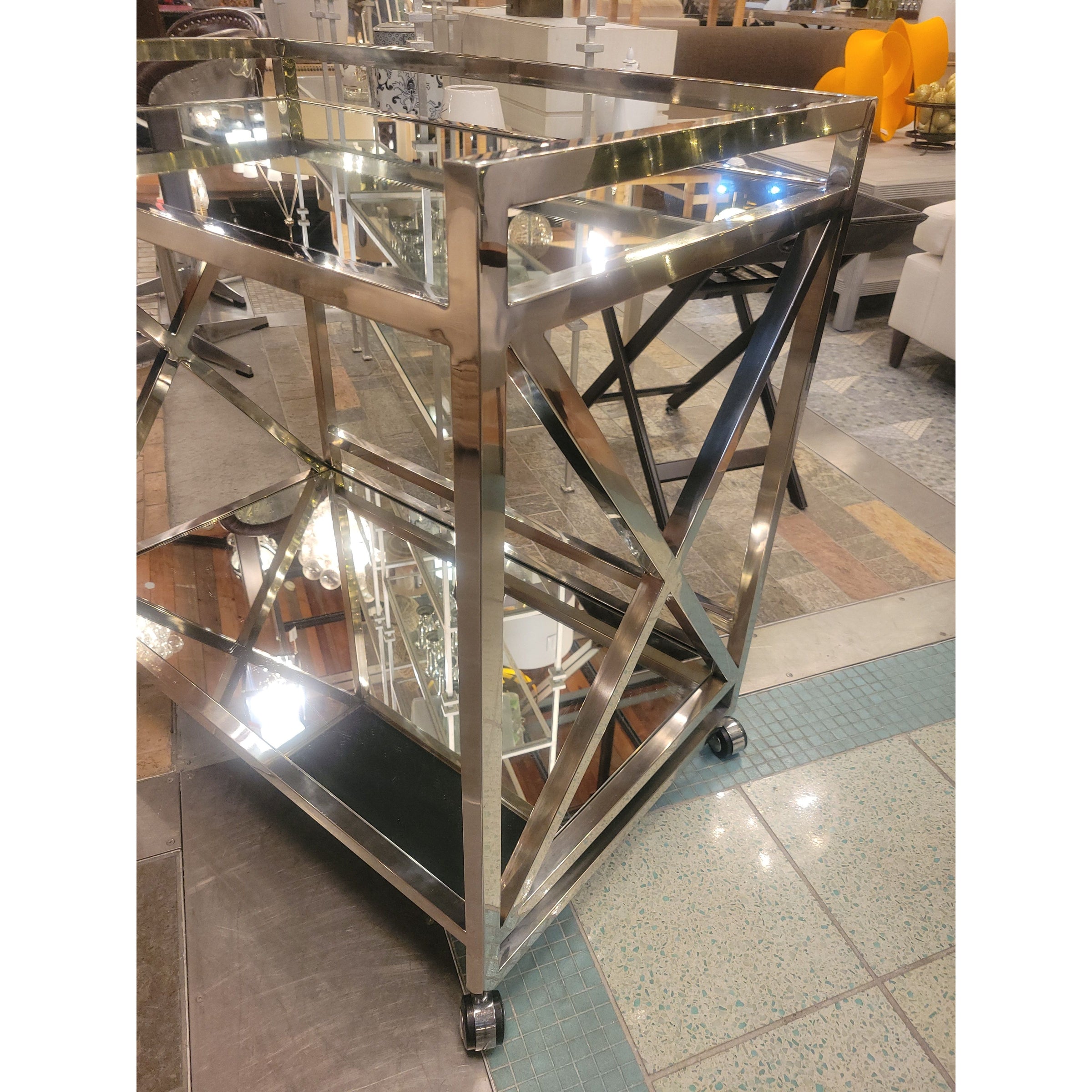 Polished Steel Bar Cart w/ Mirror Glass Shelves Attrib. to Moniker (As Is)