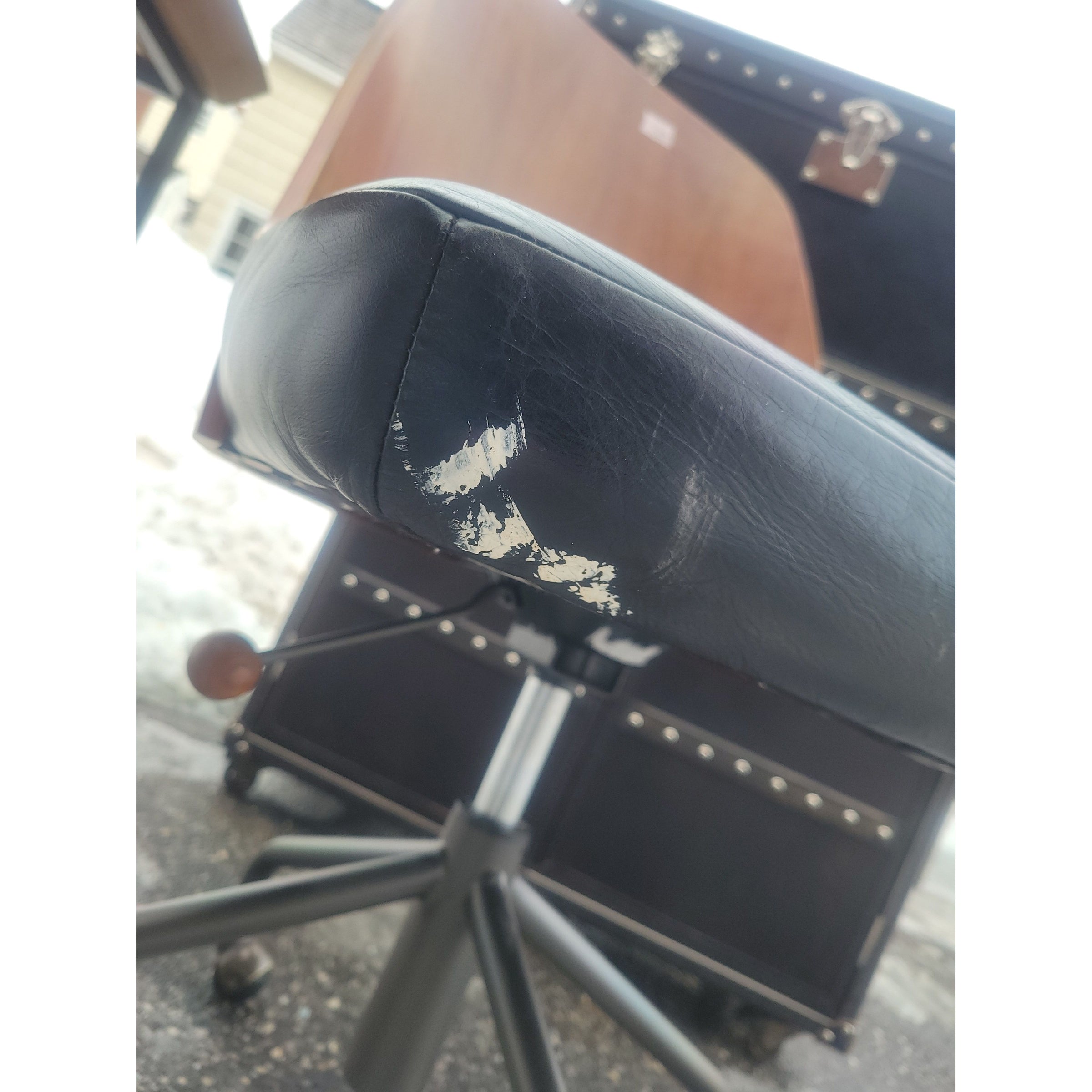 Wood Back Adjustable Rolling Desk Chair w/ Black Leather Seat (AS IS)