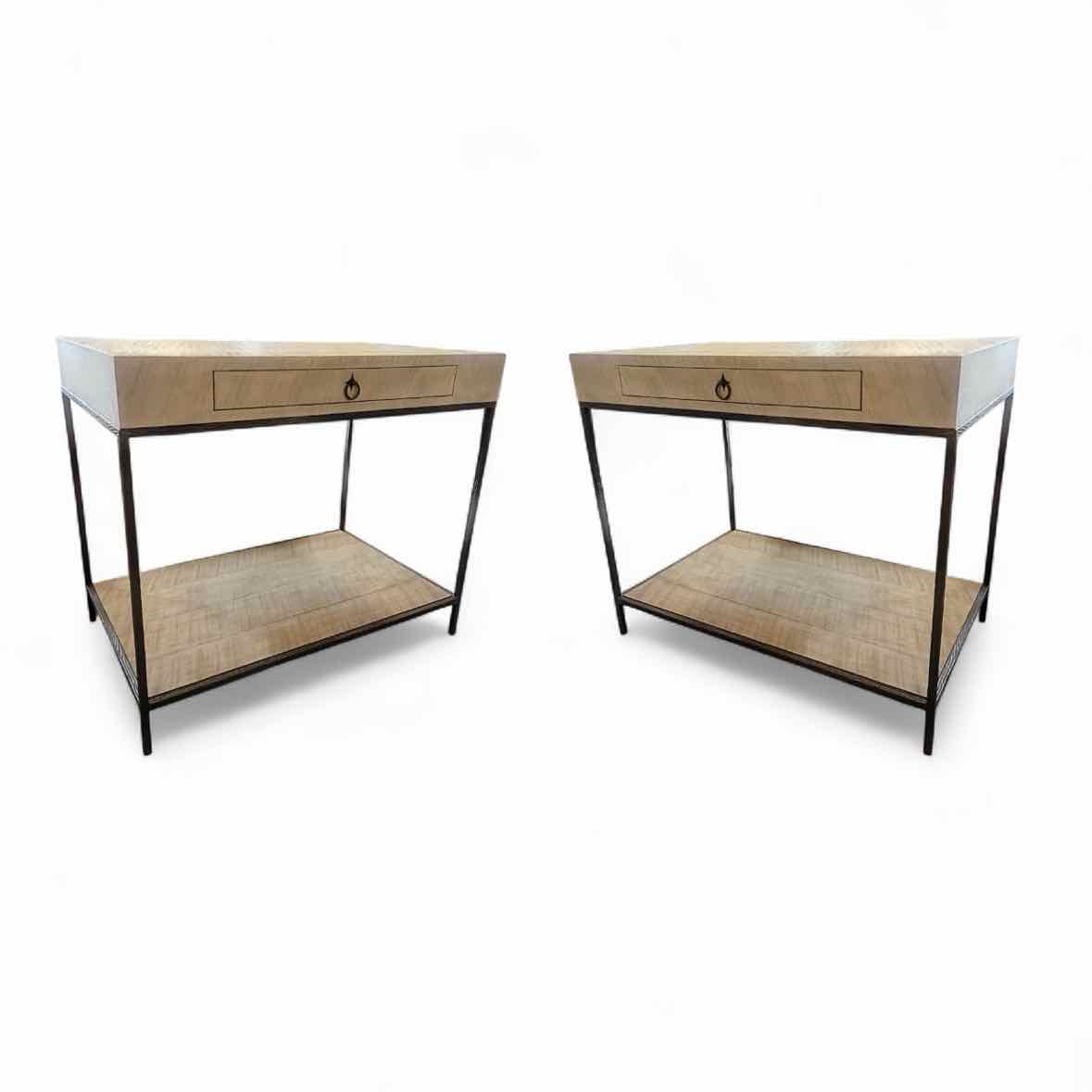 PAIR of Sawn Wood & Textured Steel 1-Drawer Side Tables by David Iatesta