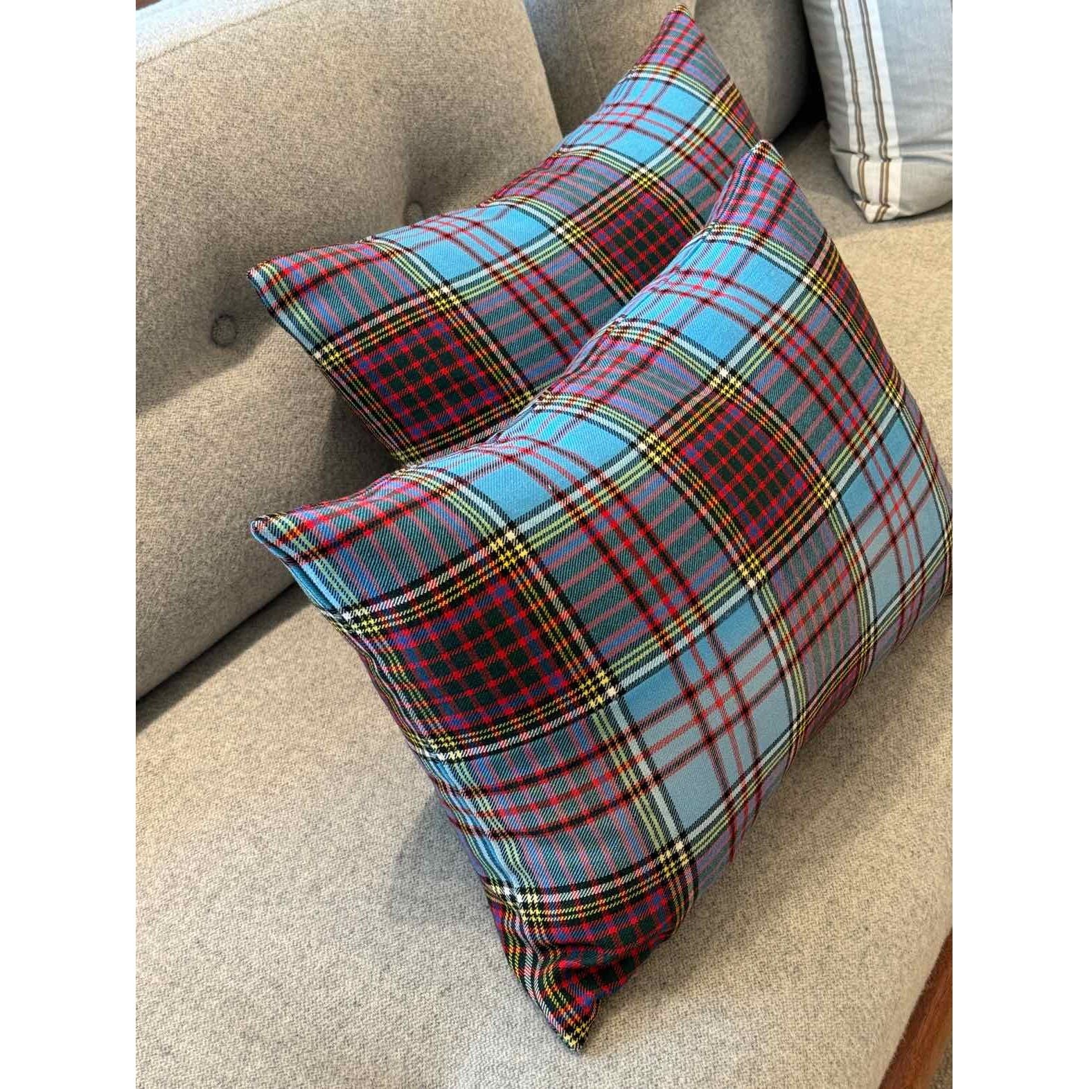 Pair of Wool Fabric Lumbar Pillows w/ Blue & Red Plaid Print