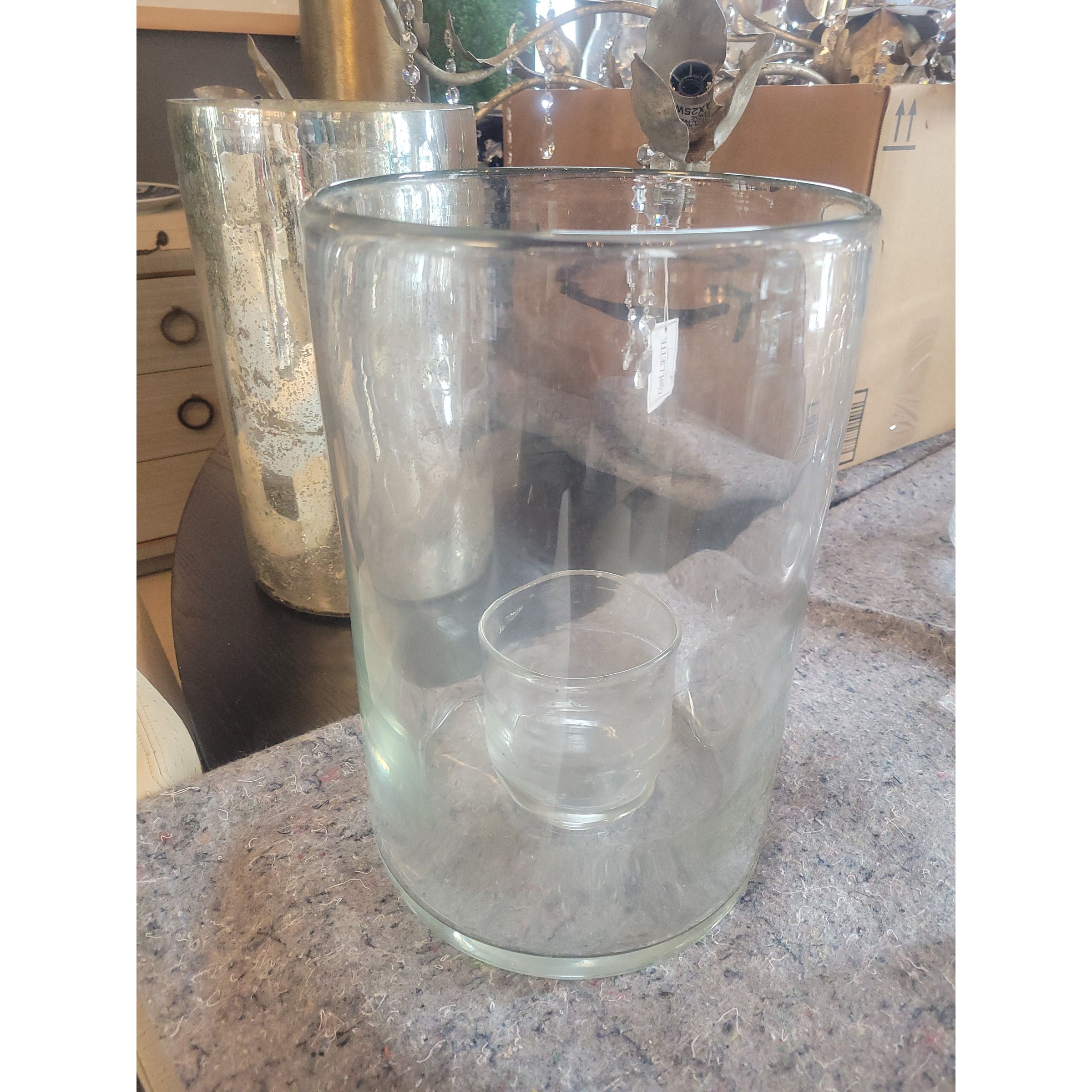 Pair of Large Glass Pillar Candle Holders