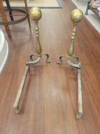PAIR of Antique Brass Cannonball Fireplace Andirons