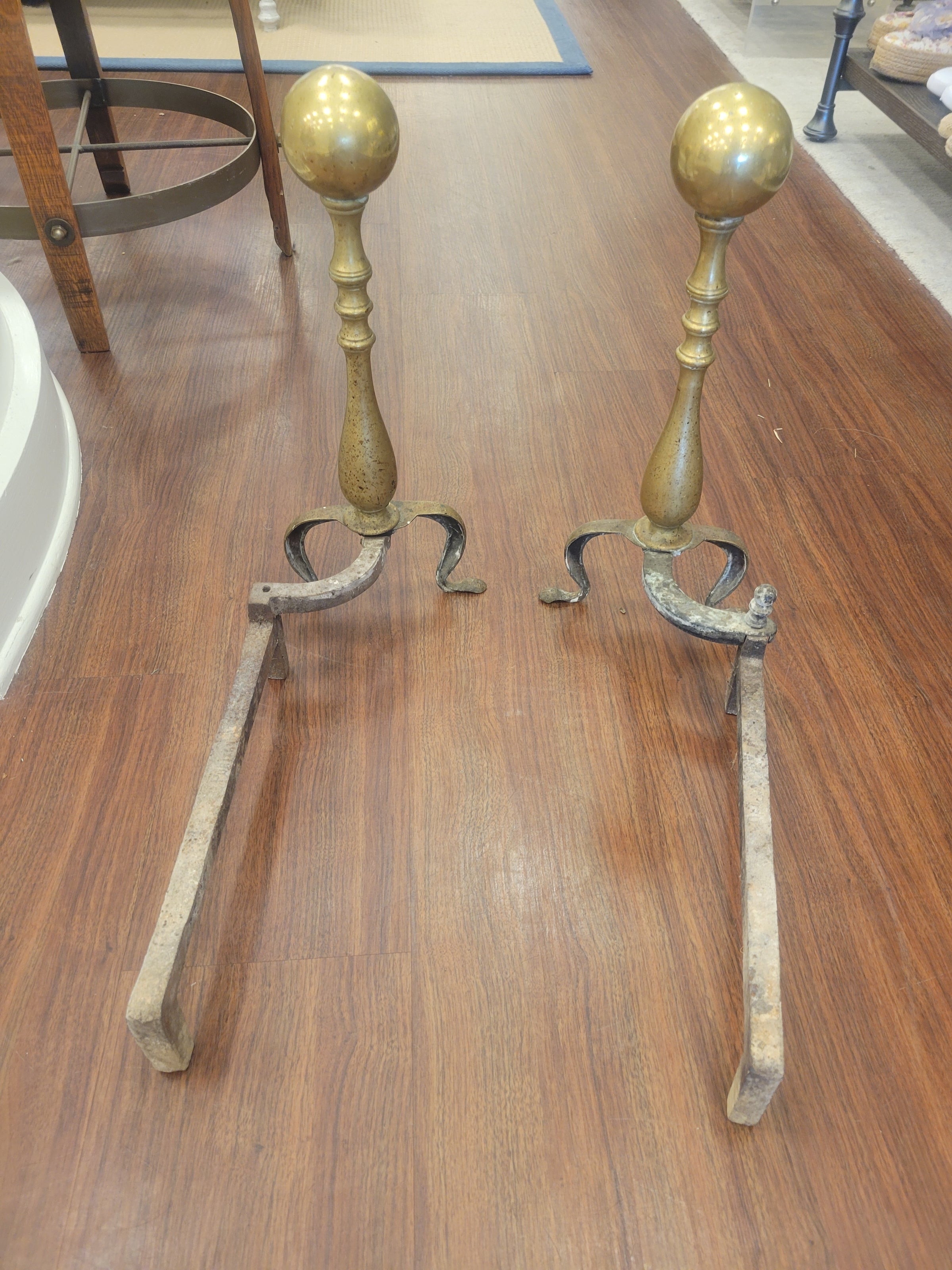 PAIR of Antique Brass Cannonball Fireplace Andirons