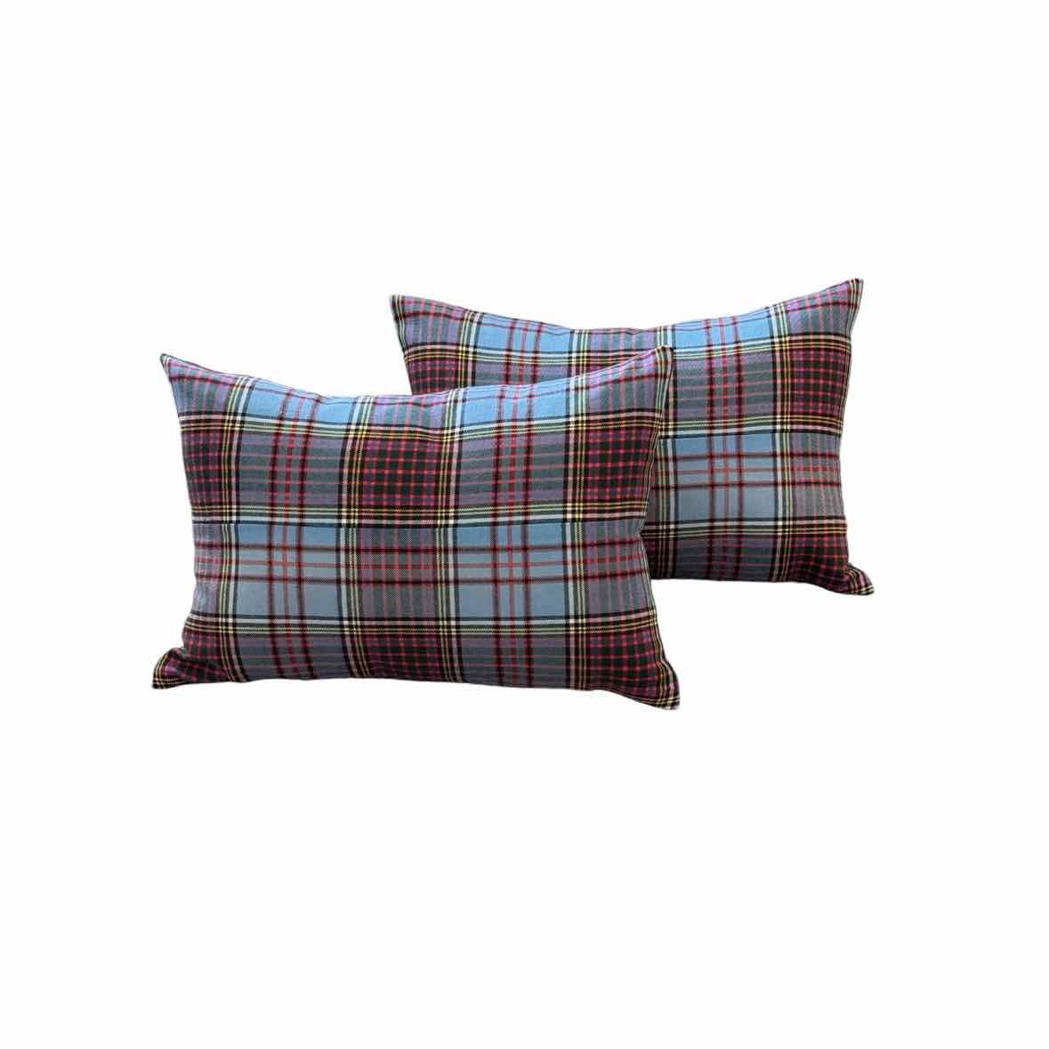 Pair of Wool Fabric Lumbar Pillows w/ Blue & Red Plaid Print