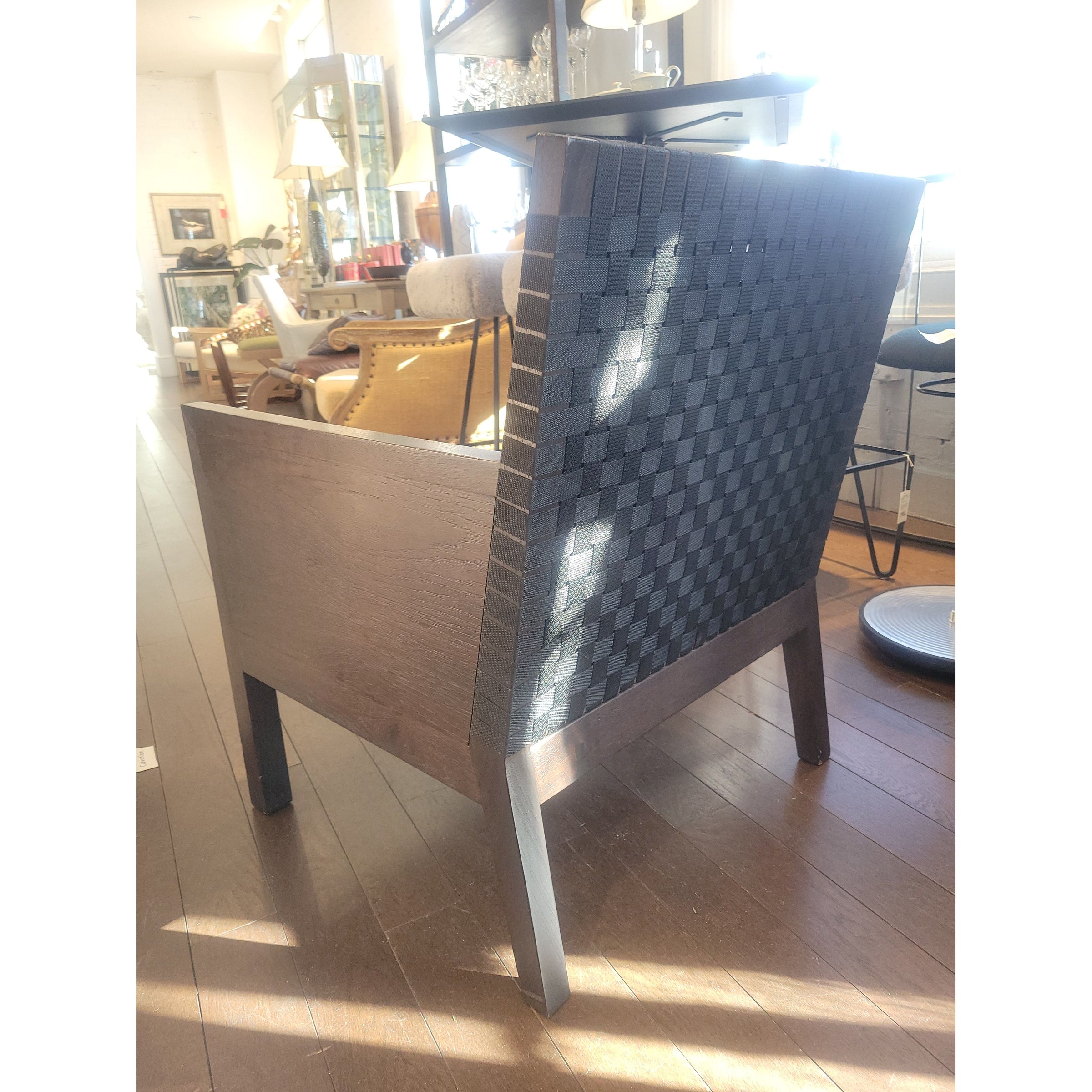 Dark Wood Angular Chair w/ Black Mesh Back - colletteconsignment.com