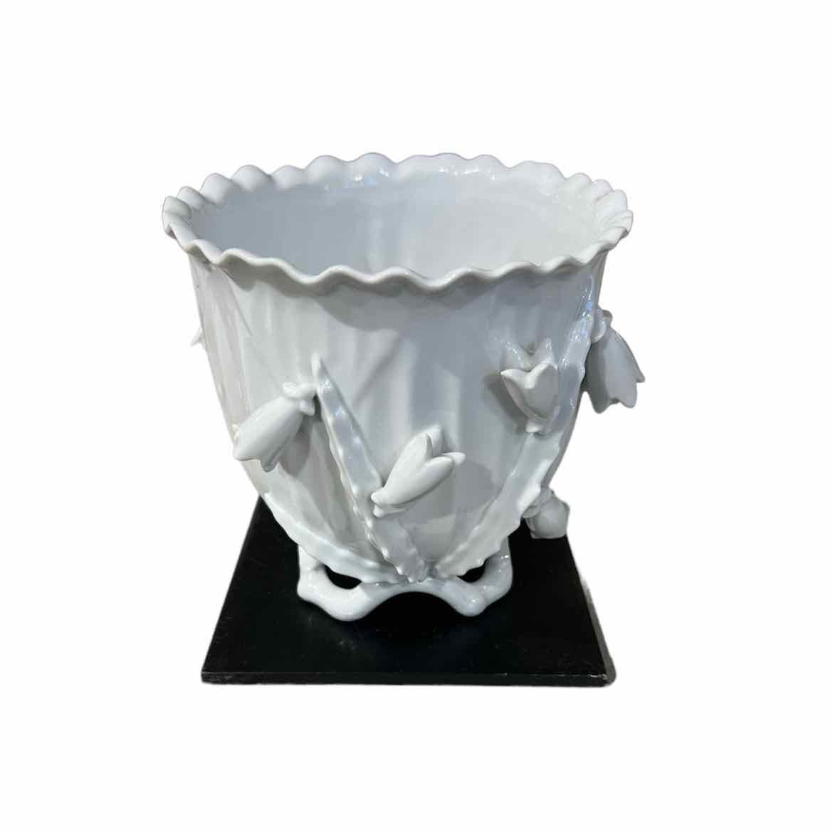 Scalloped Porcelain Cactus Flower Jardiniere with Black Tile Stand - colletteconsignment.com