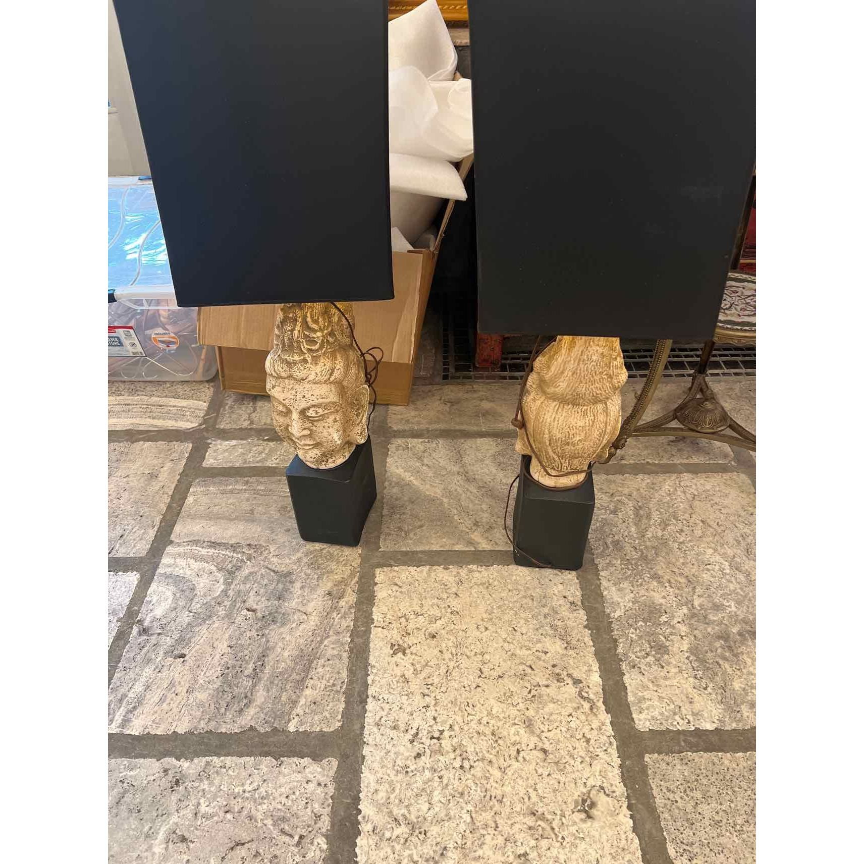 Pair of James Mont Budda Head Table Lamps w/ Black Shades