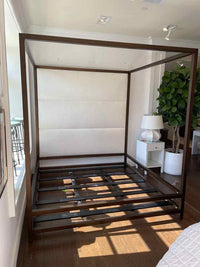 King-Sized Brassed Metal Canopy Bed Frame w/ Upholstered Headboard (AS IS)