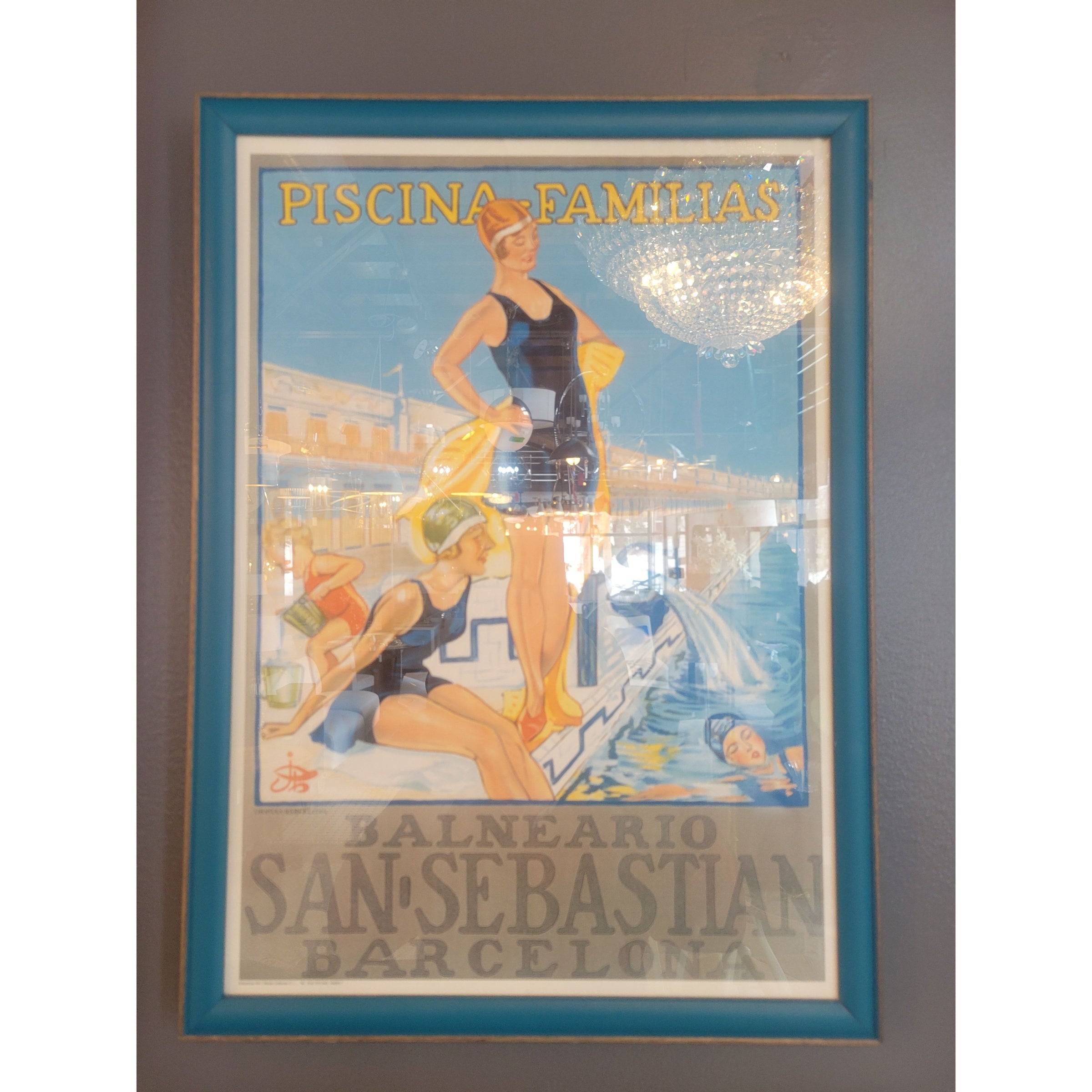 'Piscina Familias' 1930 Spanish Tourism Poster in Blue Frame - colletteconsignment.com