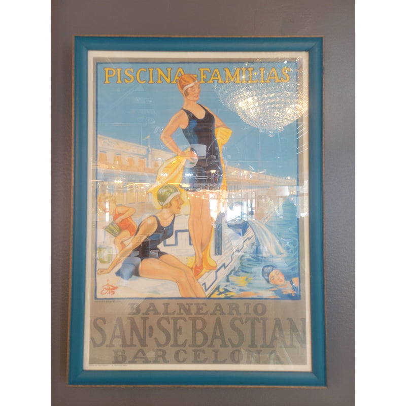 'Piscina Familias' 1930 Spanish Tourism Poster in Blue Frame - colletteconsignment.com