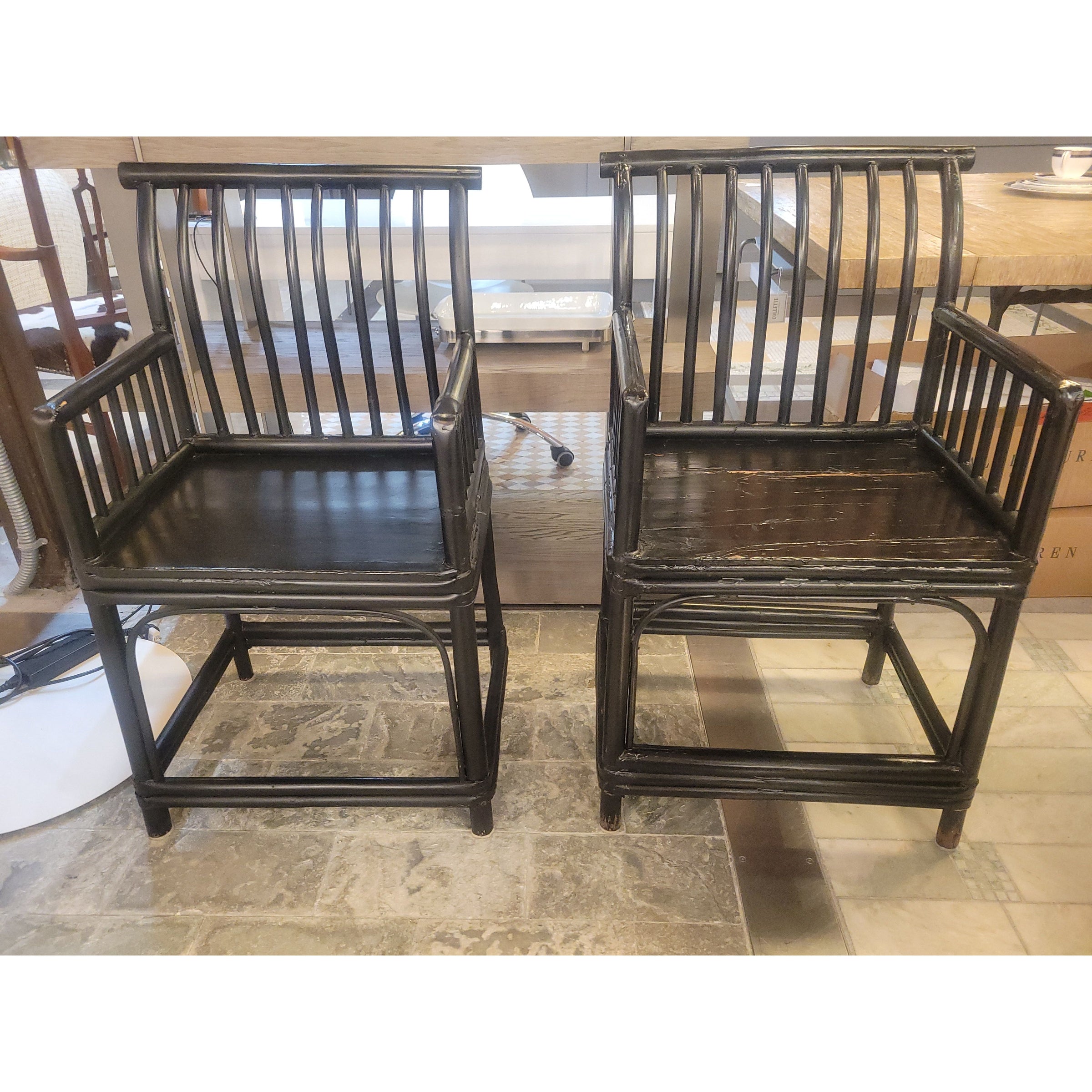 PAIR of Antique Chinese Ebonized Bamboo Stickback Chairs (As Is)