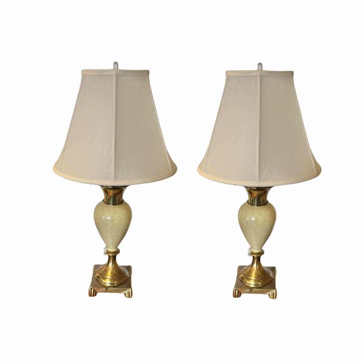 PAIR of Vintage Brass & Cream Table Lamps w/ Off-White Shades
