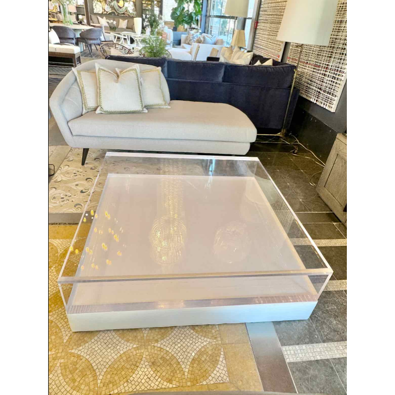 Custom Lucite / White Leather Coffee Table by Classic Gallery