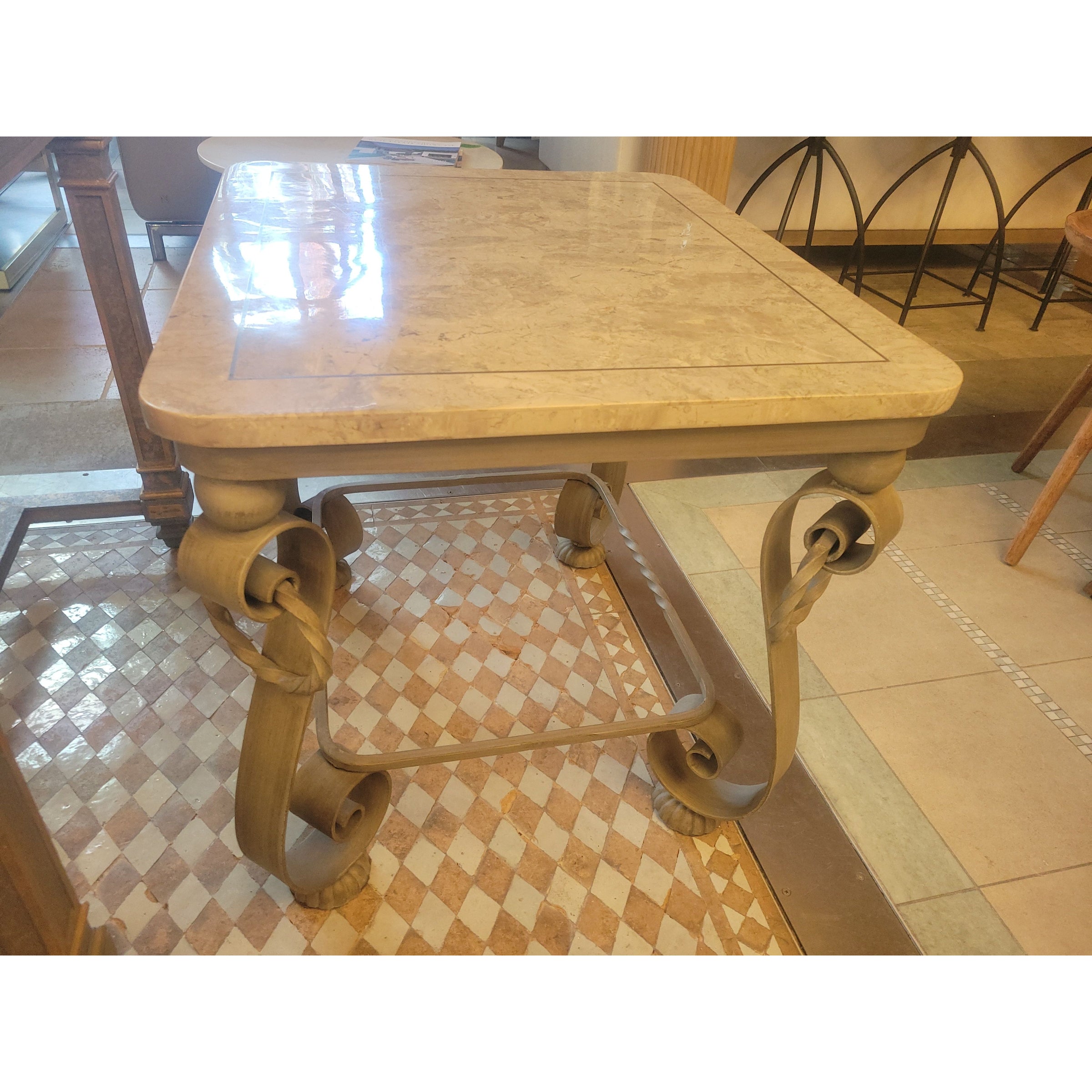 Vintage Fossil Stone Top Table w/ Iron Legs - colletteconsignment.com