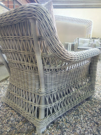 PAIR of Gray Wicker Arbor Lounge Chairs w/ Striped Cushions by Janus et Cie