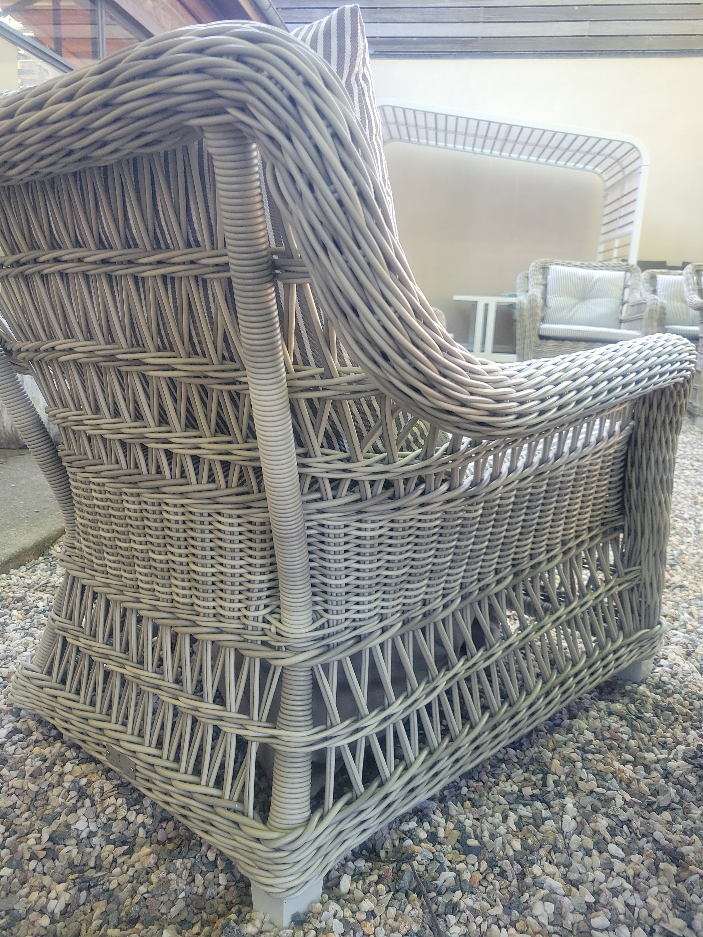 PAIR of Gray Wicker Arbor Lounge Chairs w/ Striped Cushions by Janus et Cie