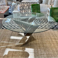 Custom Geometric Chrome Dining Table w/ Glass Top