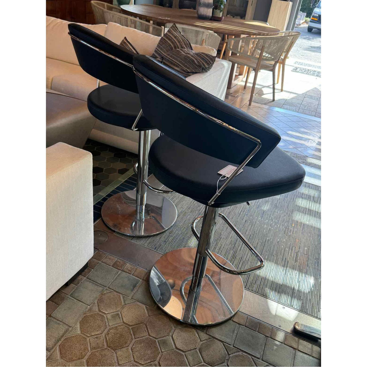 Pair of Black Leather & Chrome Bar Stools by Calligaris