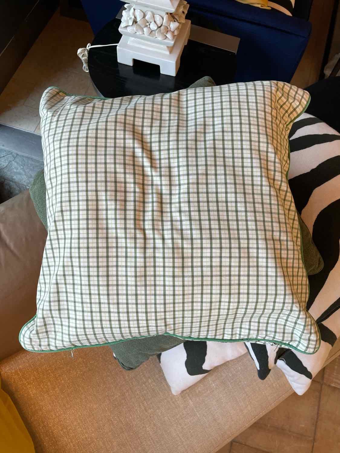 Green Plaid Square Pillow w/ Down Insert