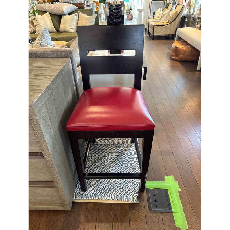 PAIR of Red Leather & Mahogany Counter Stools by Christian Liagre for Holly Hunt - colletteconsignment.com