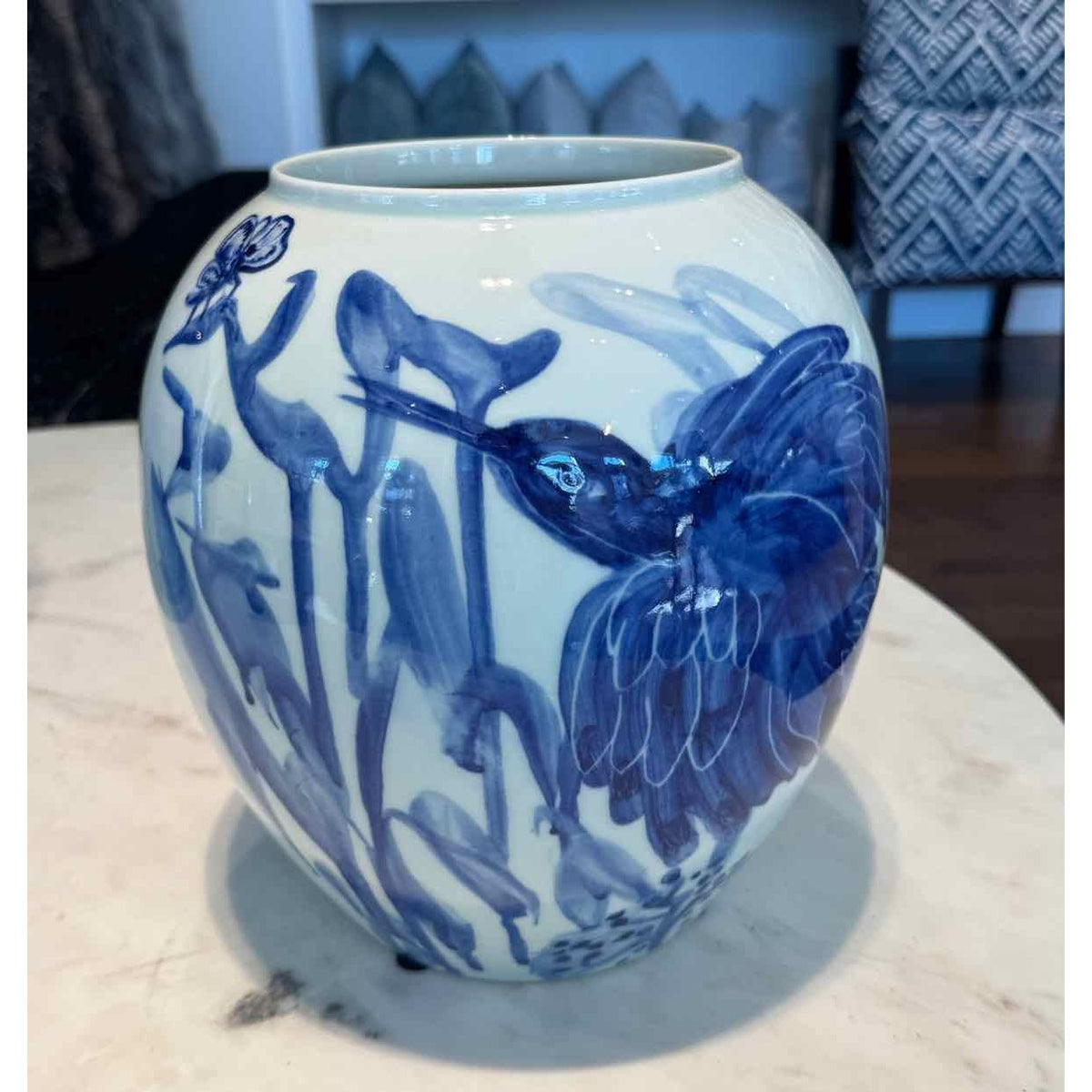 Blue and White Porcelain Urn Vase with Relaxing Motif by Jared FitzGerald