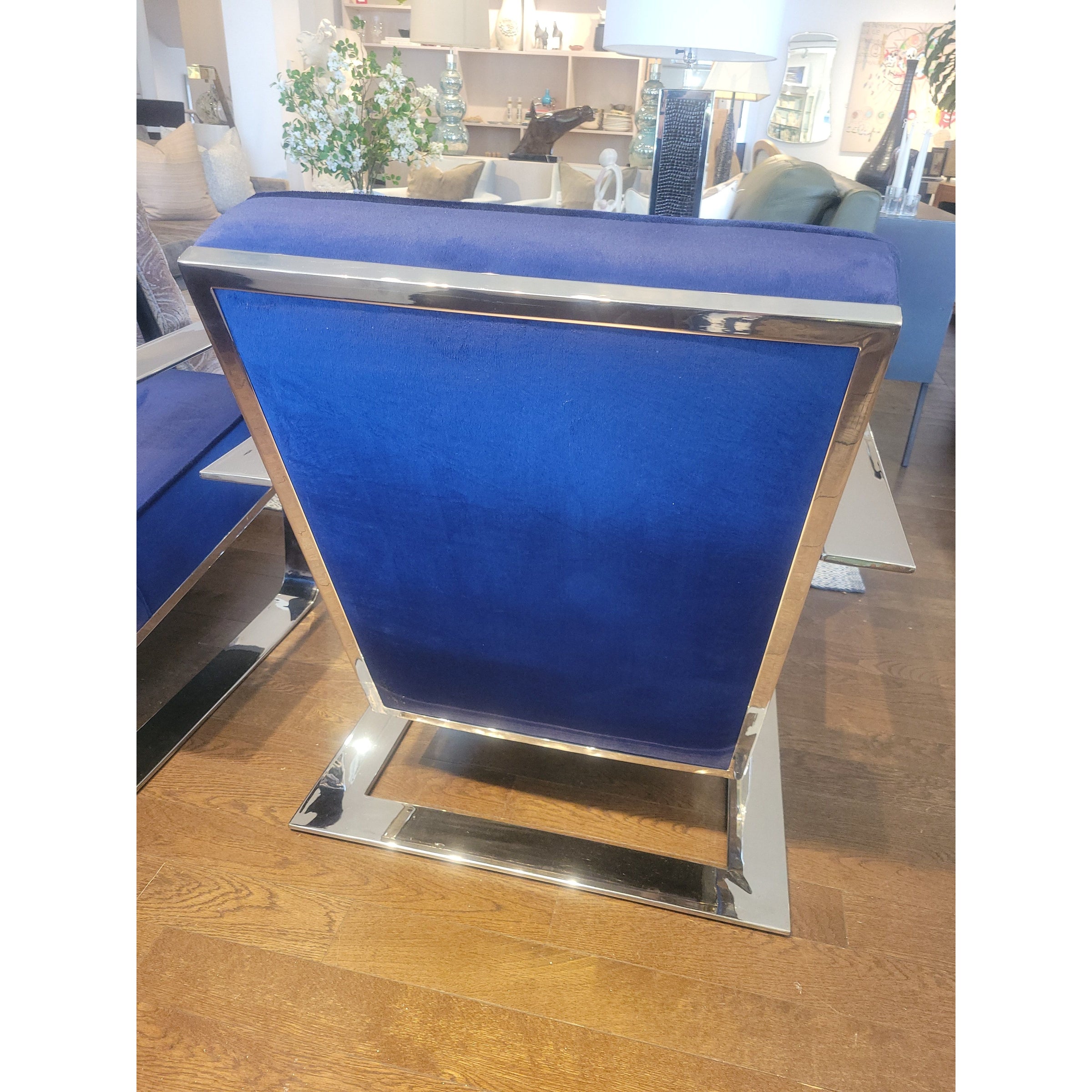 PAIR of Custom Blue Velvet & Chrome Club Chairs by Artistic Frame