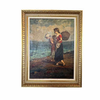 Two Ladies on Beach Oil Painting by in Gold Tone Frame - AS IS