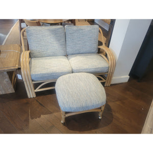 2-Pc 1950s Rattan Sofa w/ Blue Cushions & Ottoman