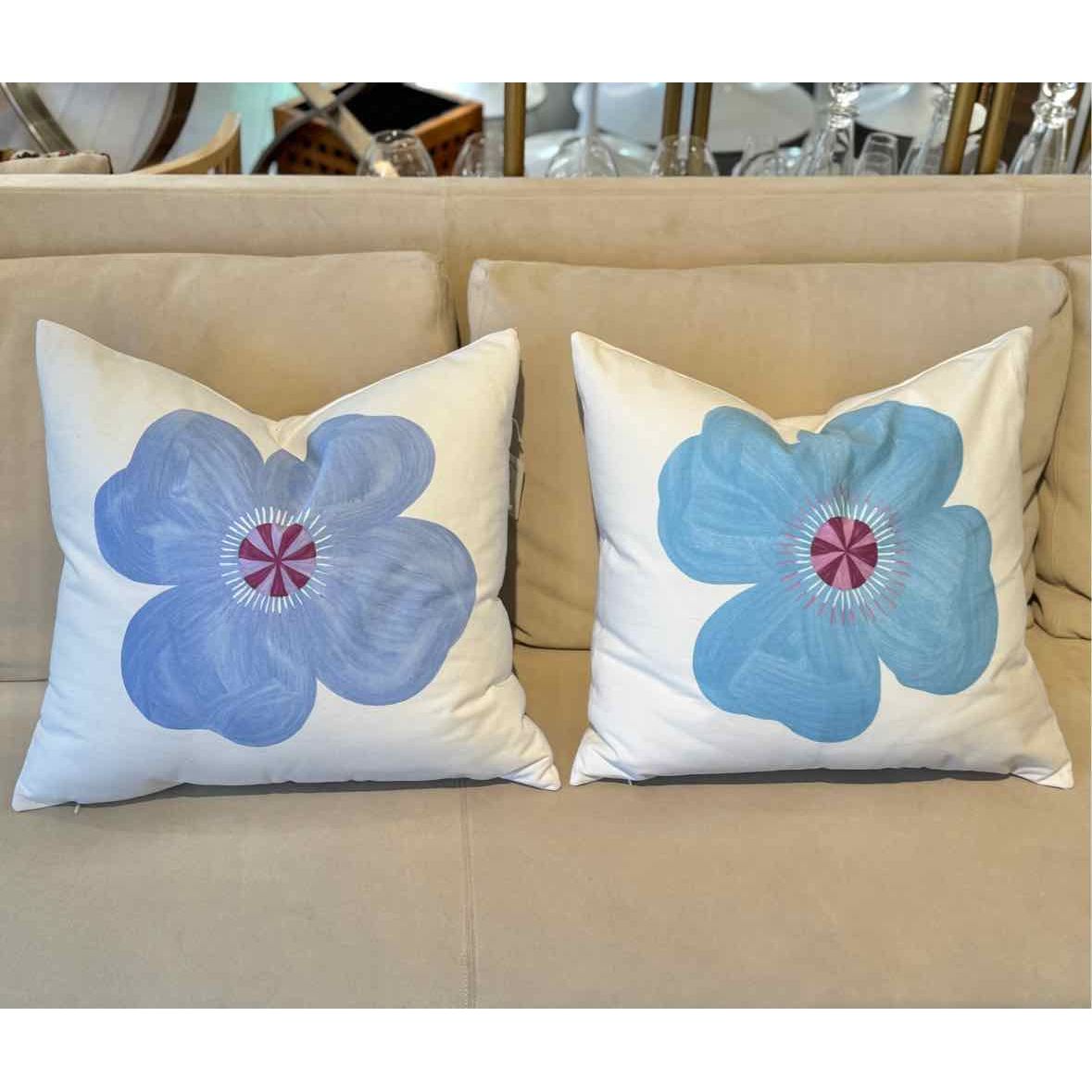 PAIR of Custom Hand-Painted Flowers on White Fabric Pillows