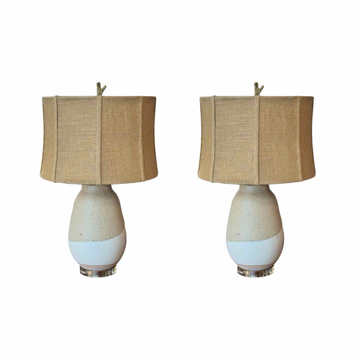 PAIR of Ceramic Table Lamps on Lucite Bases by Made Goods w/ Burlap Shades