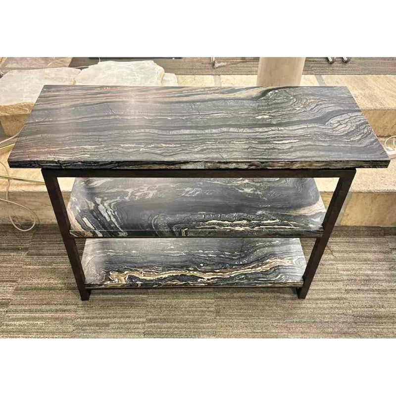 Custom Striated Marble Three-Tiered Console w/ Iron Frame