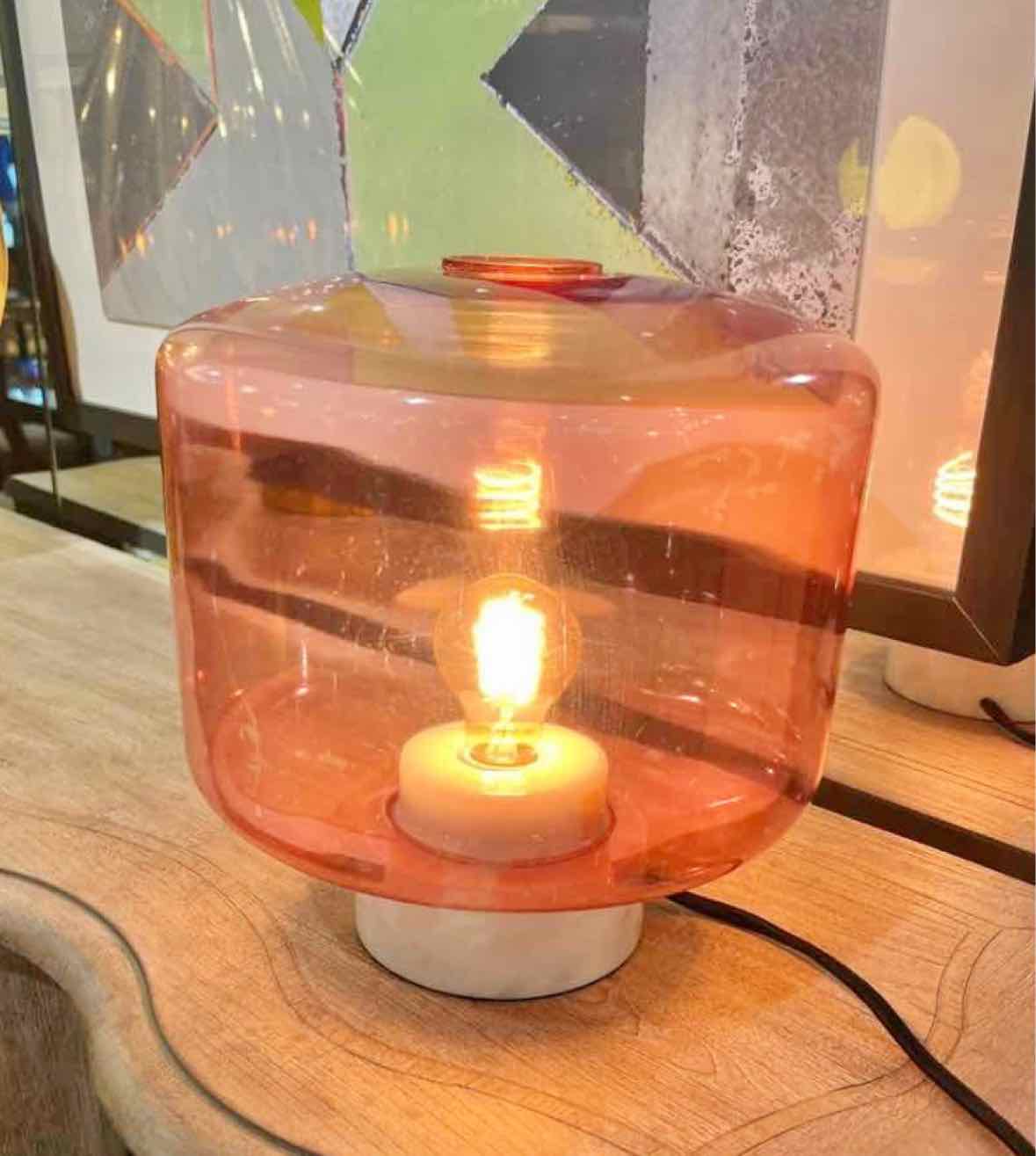 CB2 Pink Glass & Marble Base Table Lamp-AS IS (glass is scratched)