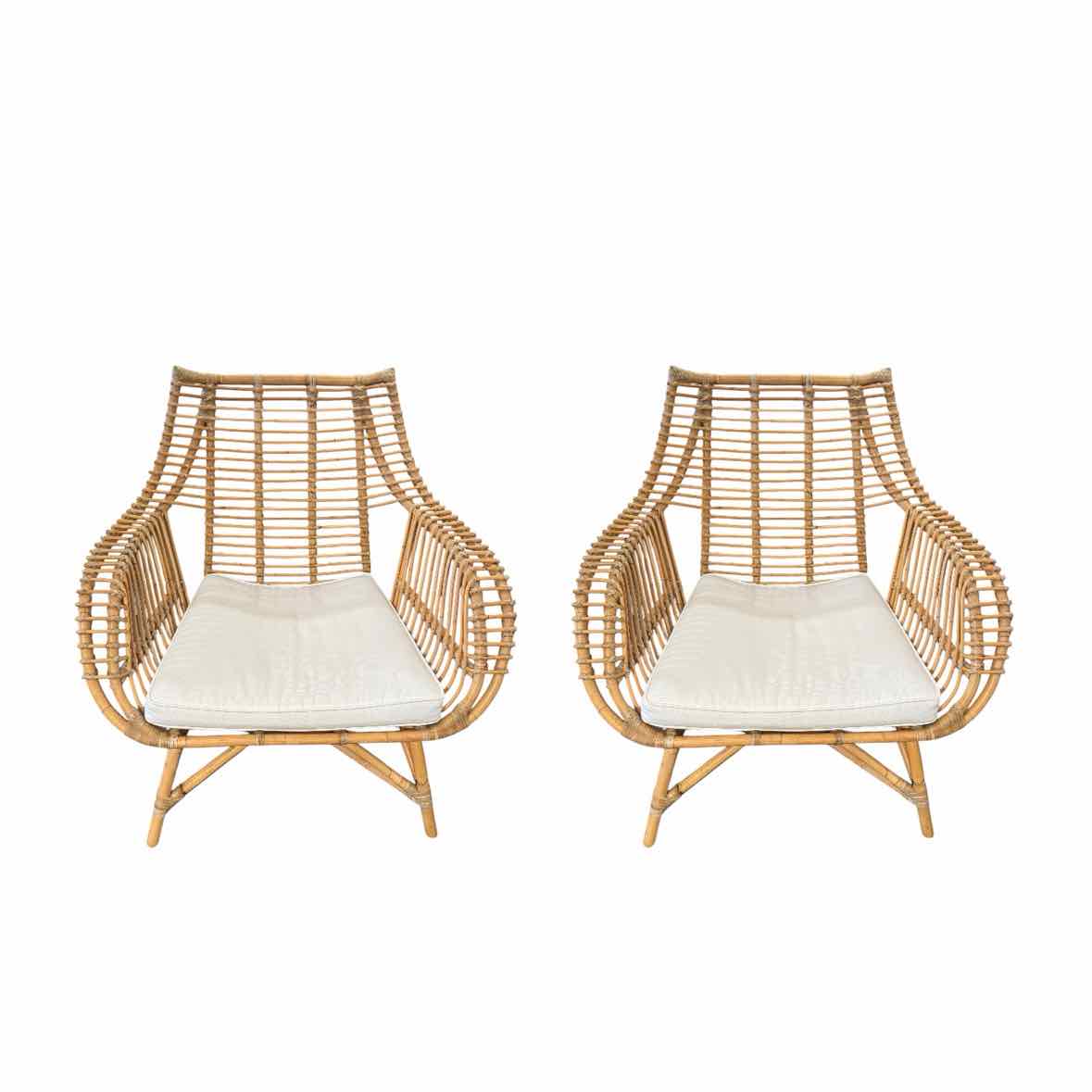 PAIR of Venice Rattan Chairs w/ White Cushions by Serena & Lily - colletteconsignment.com