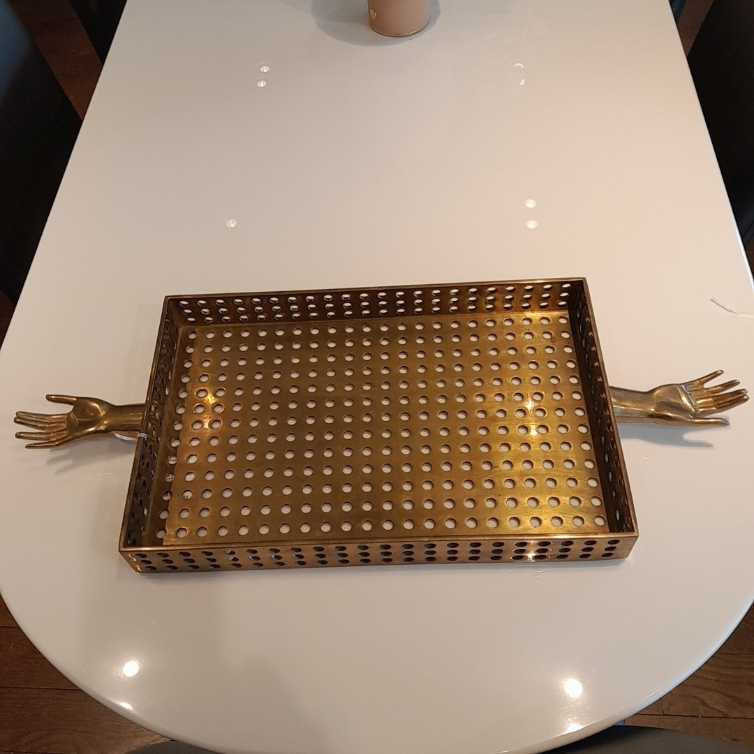 Mategot-Style Perforated Brass 'Salone' Tray w/ Hands/Handles by Kelly Wearstler