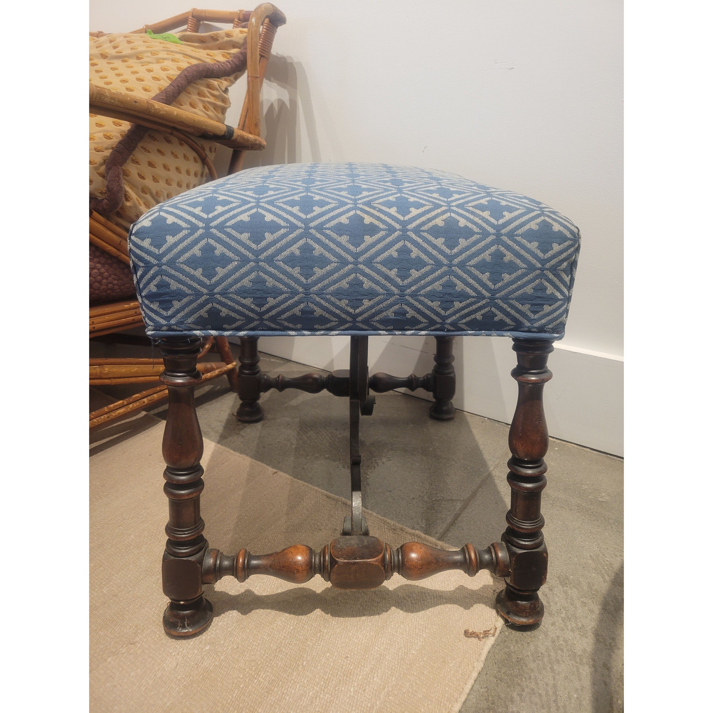 Antique Mahogany Ottoman w/ Blue Upholstered Seat & Iron Detail (AS IS)