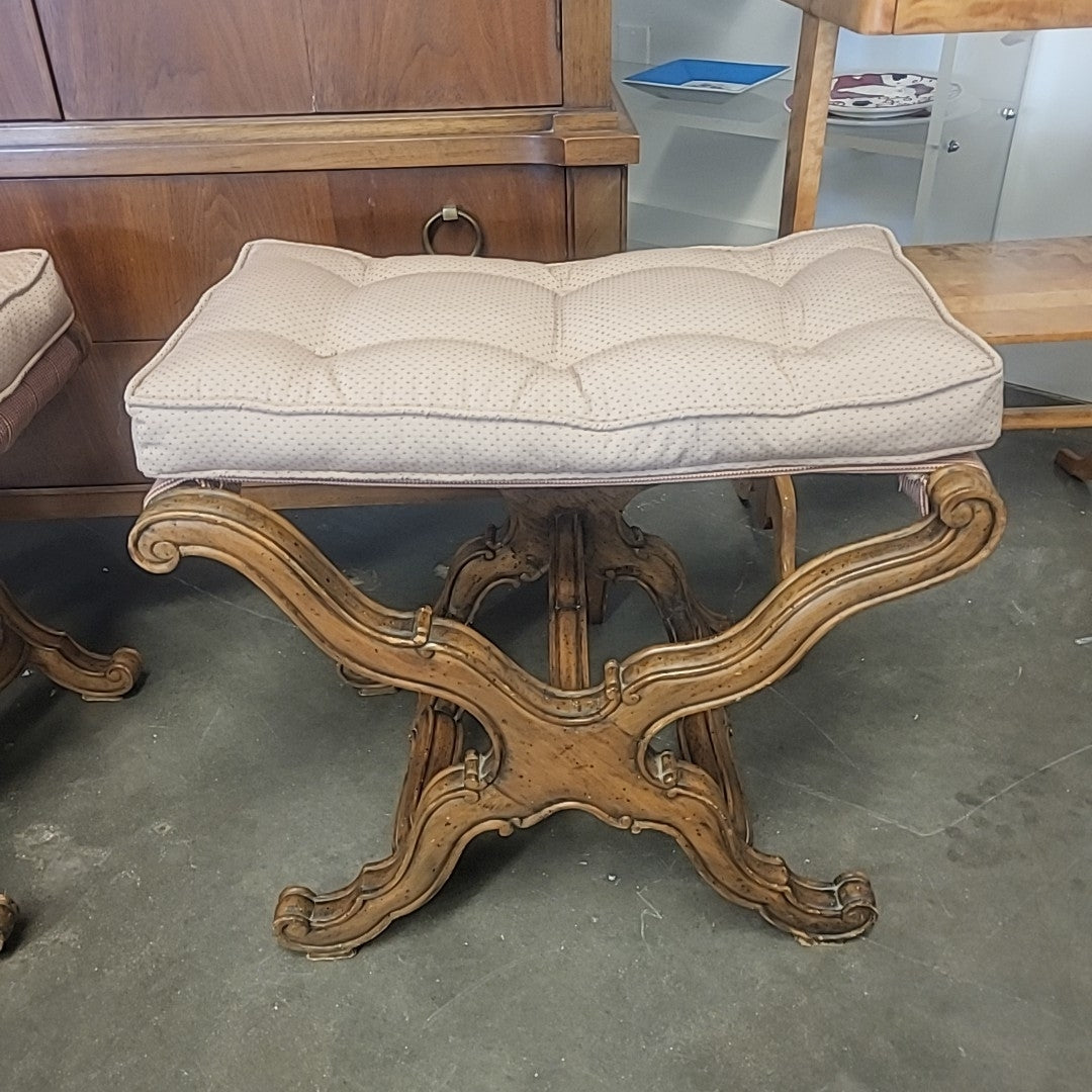 Pair of 1950's Jacobean Style Wood Benches w/ Upholstered Seat, 23"Lx15"Dx19"H