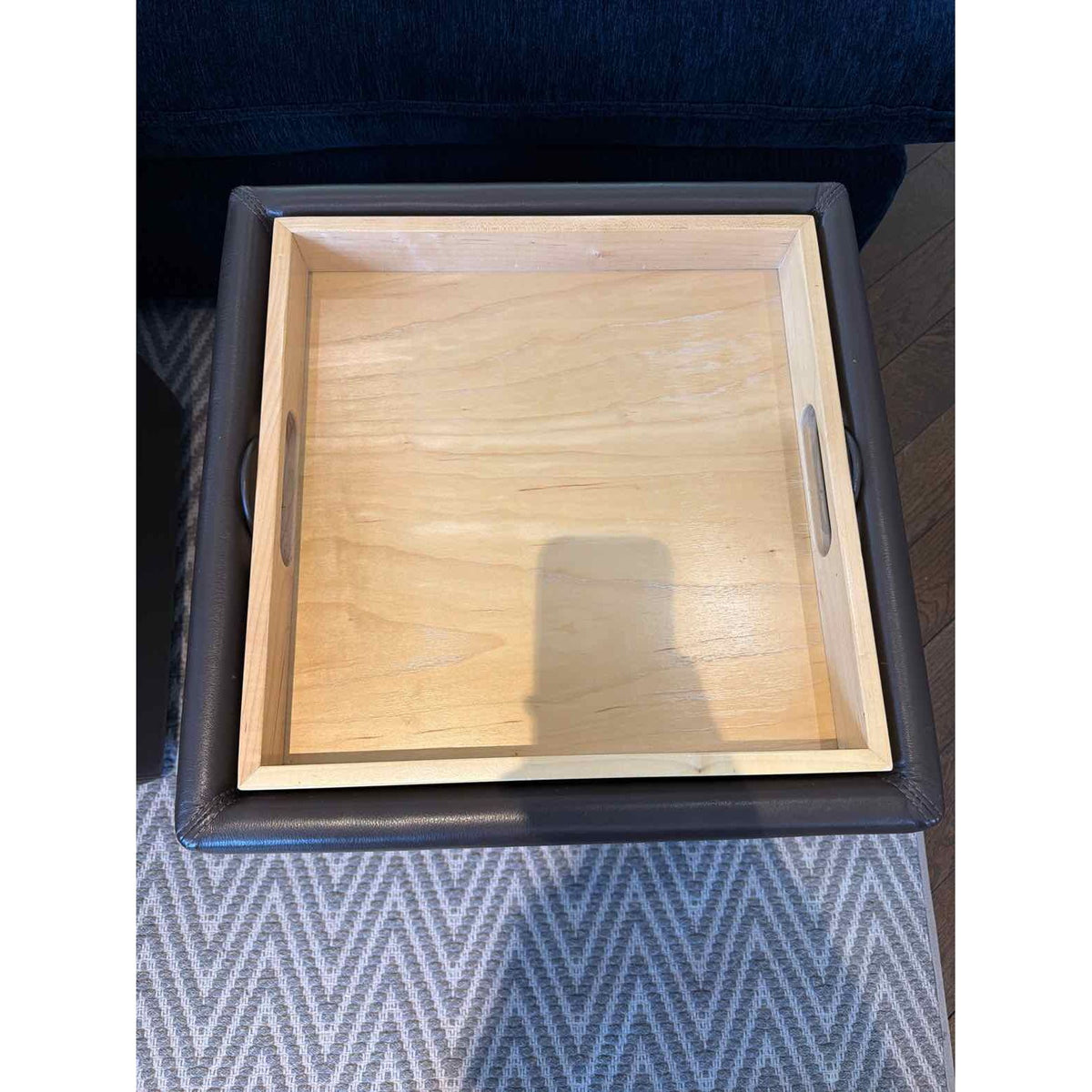 Brown Leather Storage Ottoman w/ Flip Top Wood Tray on Casters by DWR - colletteconsignment.com