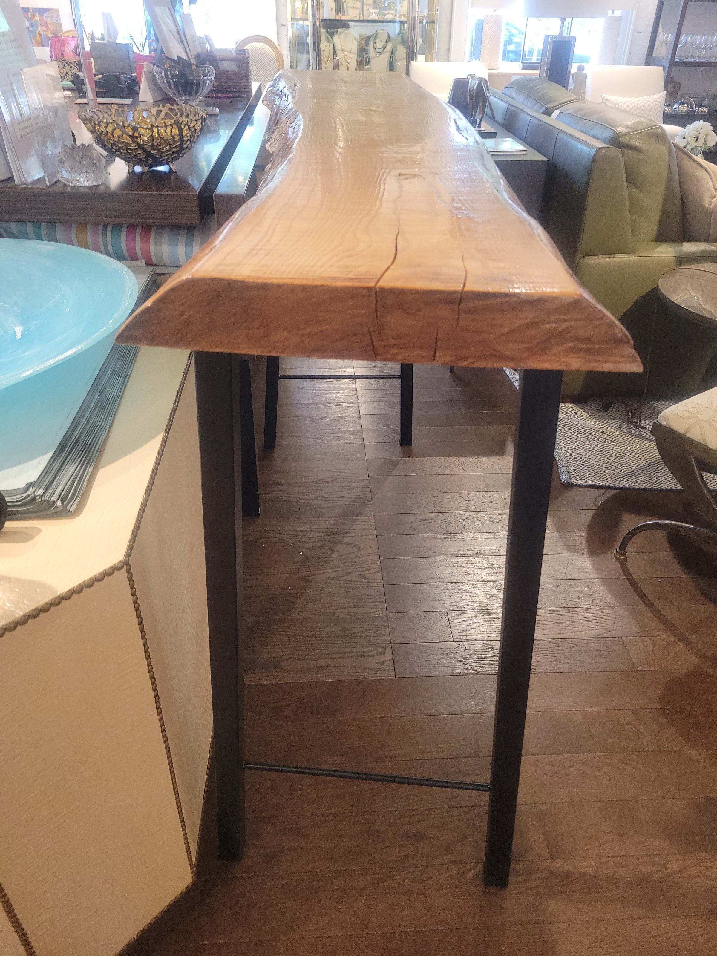 Live Edge Wood Slab Bar Height Console Table on Black Metal Legs