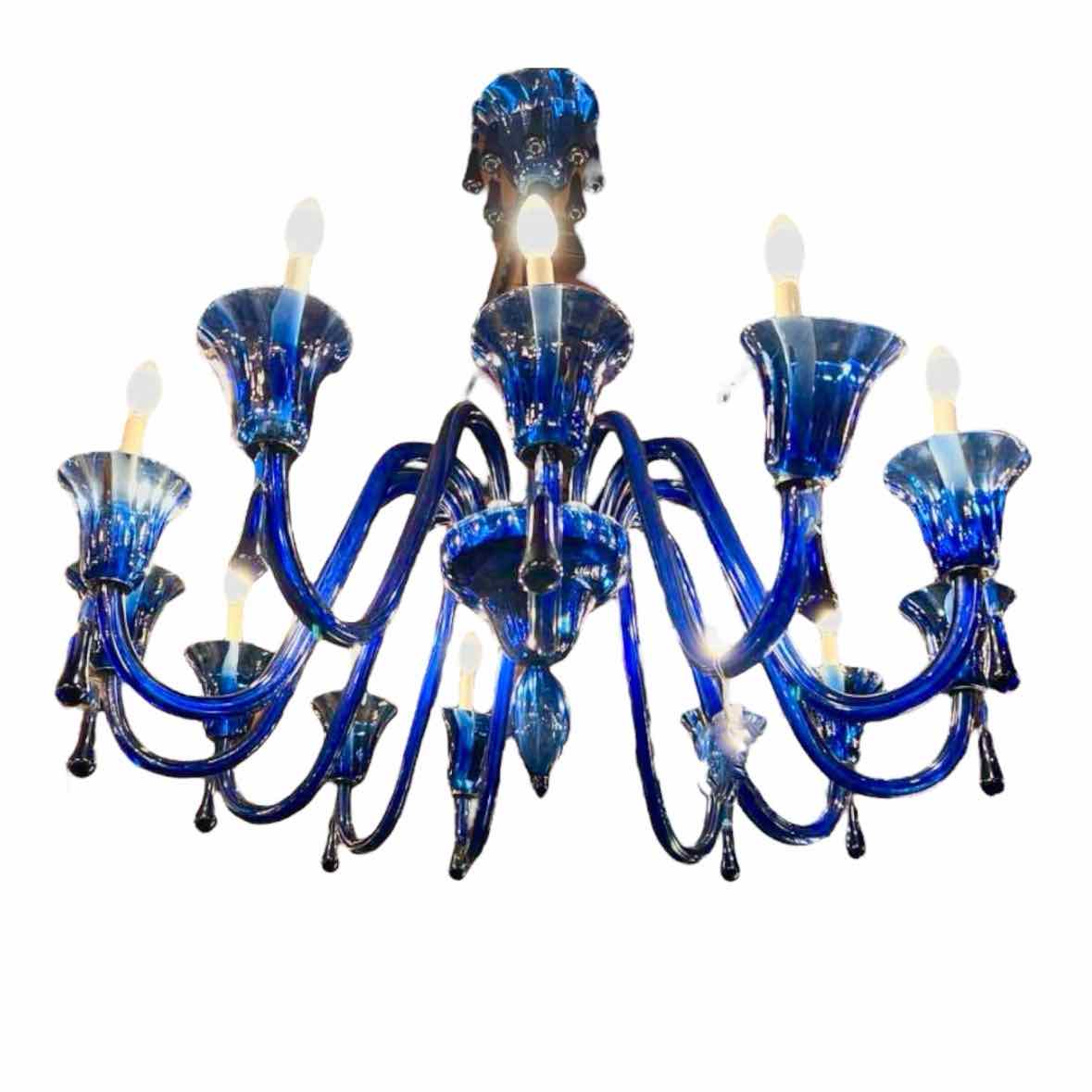 Vintage Blue Glass Murano 12 Arm Chandelier